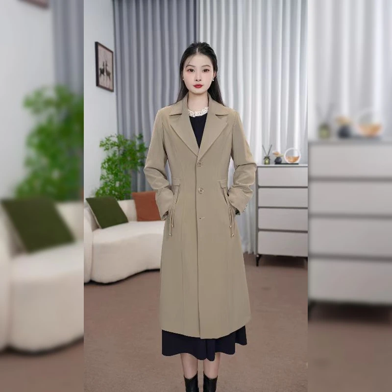 气质春秋休闲风衣外套女2025春季新款修身显瘦时尚西装领过膝大衣