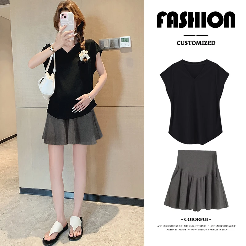 孕妇上衣短袖夏季薄款减龄时尚显瘦休闲百褶短裙裤孕妇套装小个子