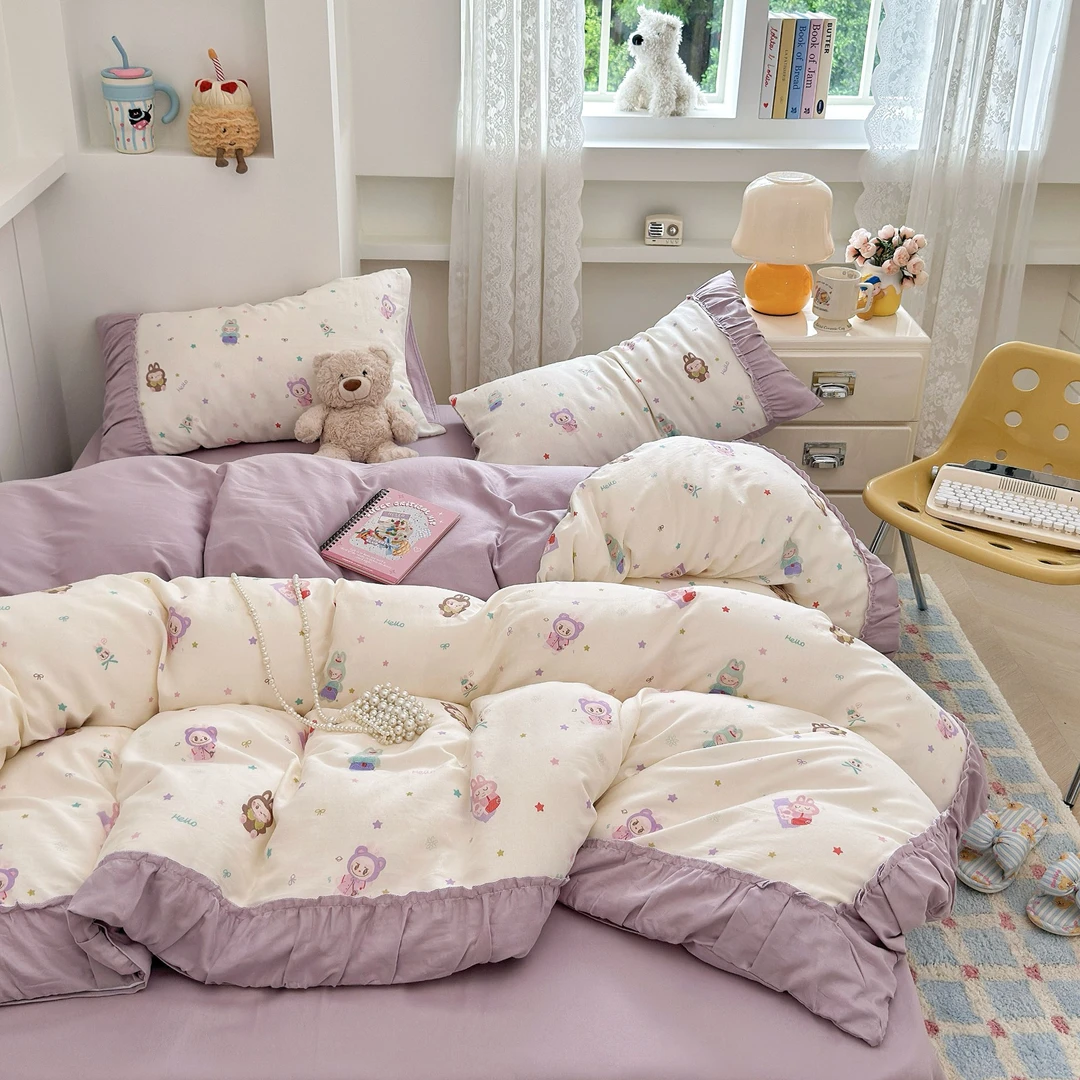 小玲子 拉拉布 全棉双层纱三件套四件套 花边印染工艺 可爱风