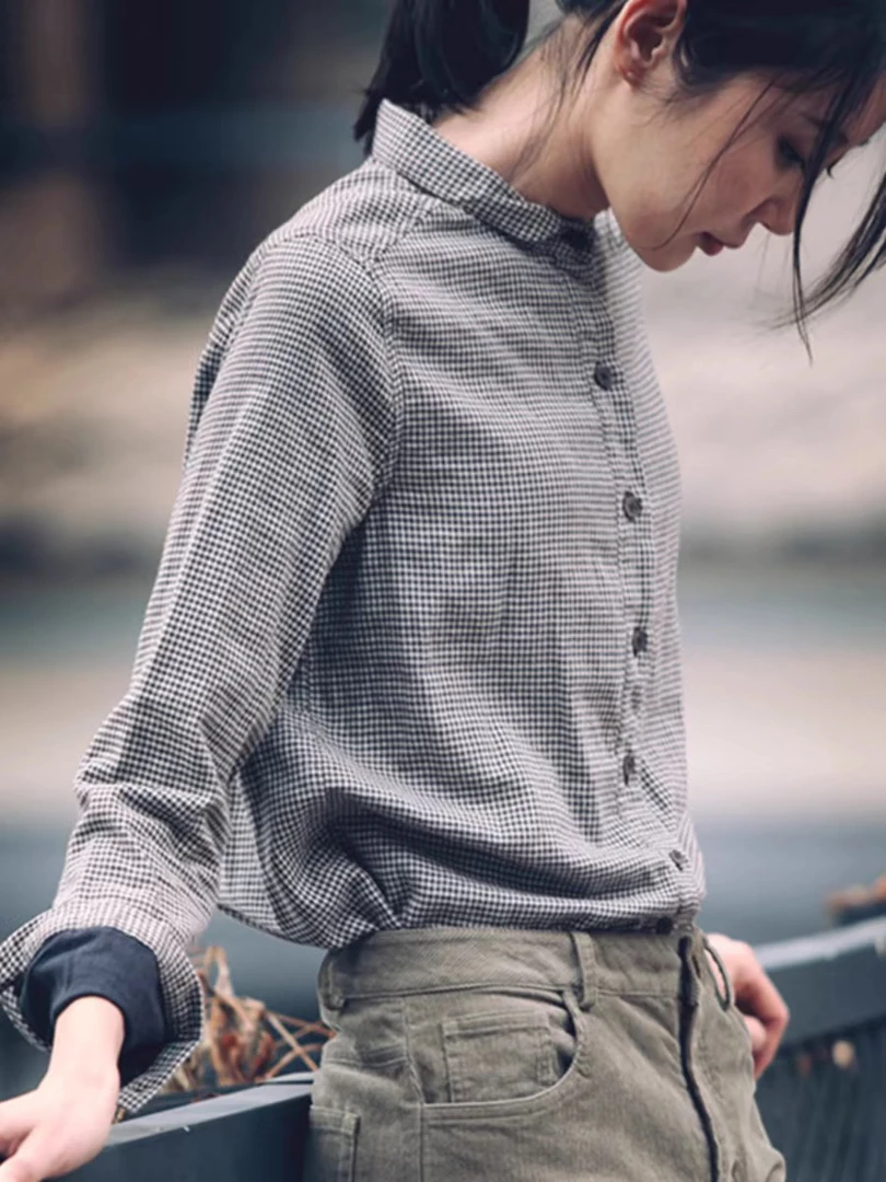 春季新款棉麻修身双层棉撞色英伦文艺复古格小格子衬衣女衬衫