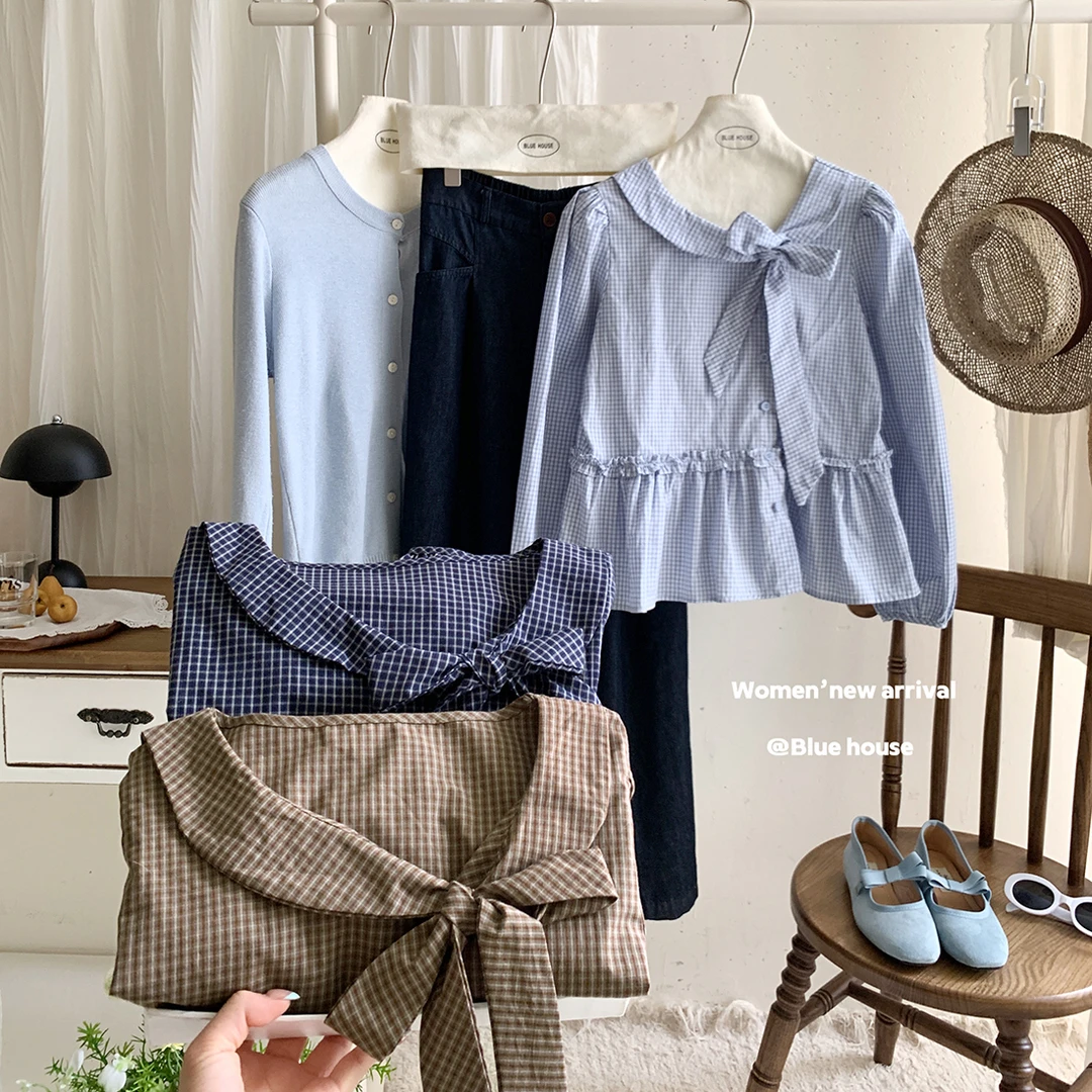 法式格子娃娃翻领蝴蝶结绑带长袖衬衫秋季复古木耳边拼接宽松上衣