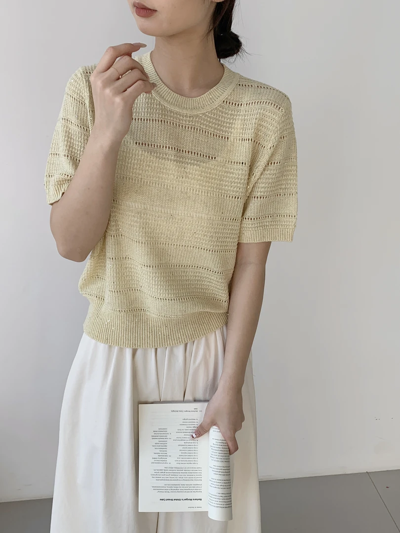 【潘潘.968881】2025年夏季新款欧若风星点亚麻纯色圆领短袖套头衫