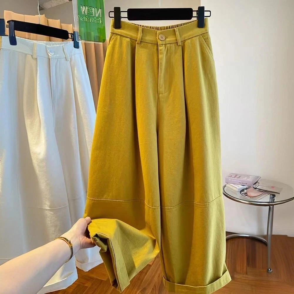 【纯棉+运险】黄色九分阔腿裤女夏2025新款宽松休闲显瘦直筒气球裤