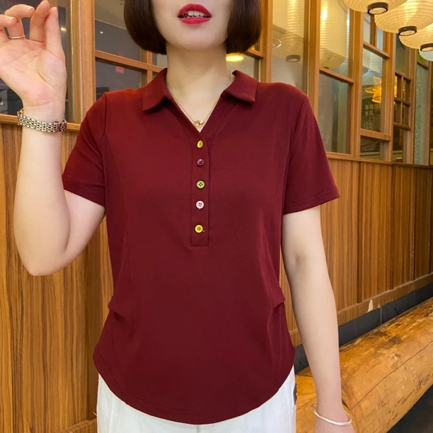 夏季新款精致翻领纽扣设计感简约纯色t恤休闲百搭短袖上衣