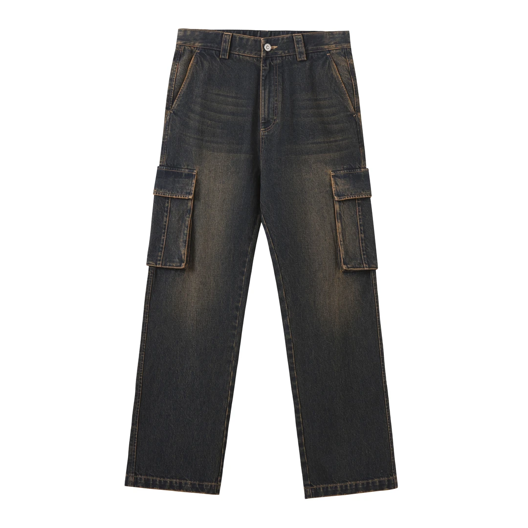 秋季美式水洗做旧复古百搭时尚宽松微阔男士工装直筒牛仔裤8209