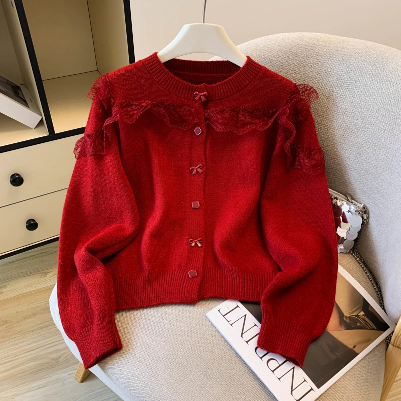 蕾丝拼接超好看针织衫女装秋冬装2025新款设计感小众上衣毛衣开衫