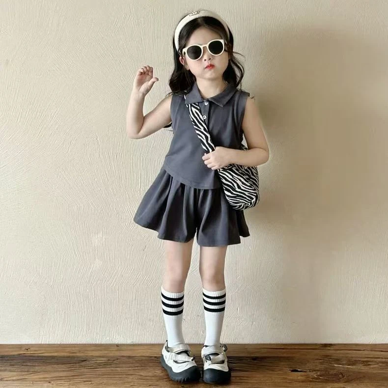 女童休闲套装25夏季新款儿童韩范polo无袖T恤女宝宝洋气裙裤夏装D