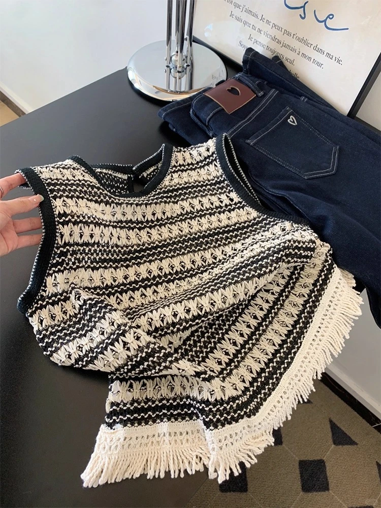 法式撞色流苏针织背心女夏外穿复古宽松慵懒风镂空坎肩无袖上衣