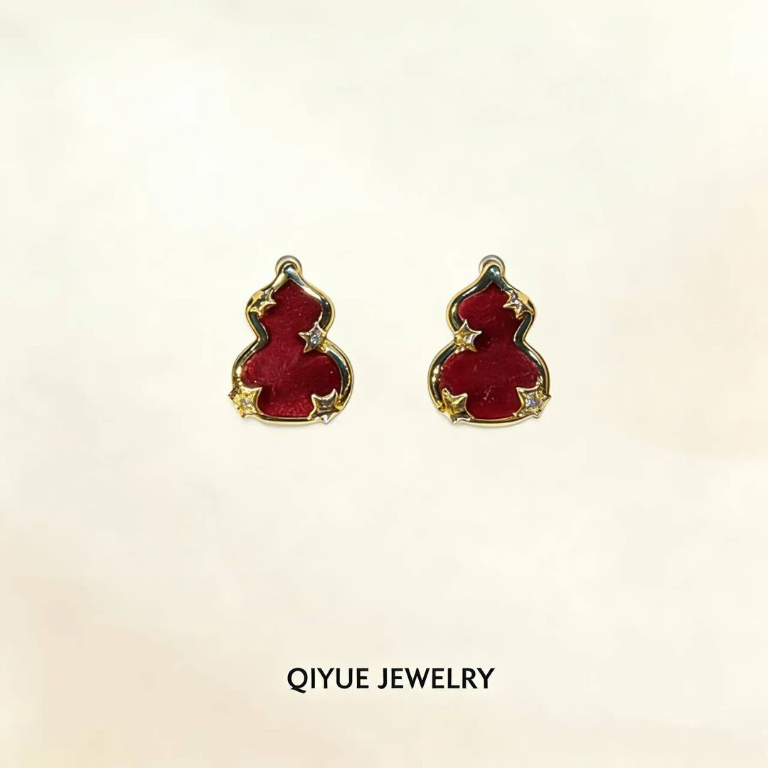 合金耳饰 真金电镀树脂葫芦星星耳环新中式时尚复古耳钉小众