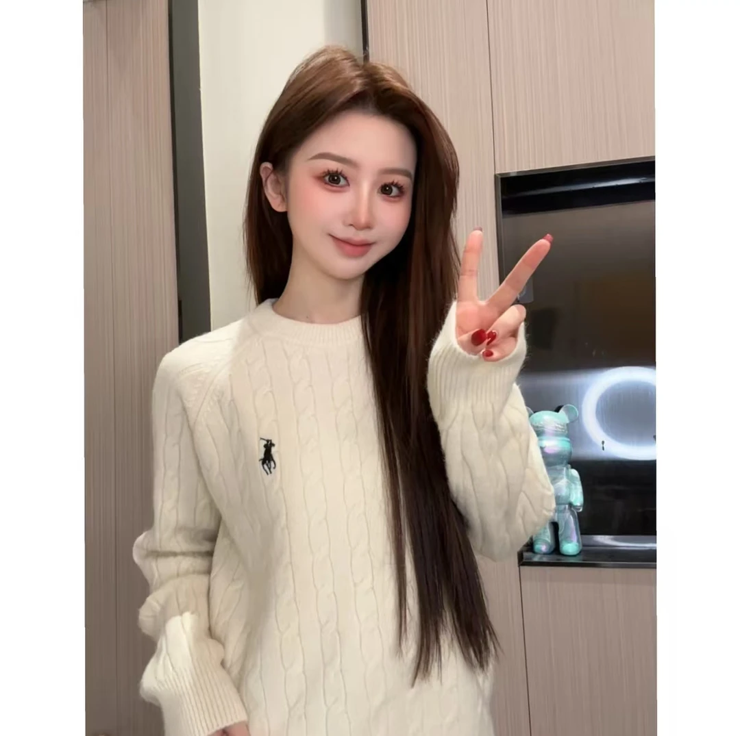 秋冬麻花针织衫厚款常规针织刺绣圆领衫秋冬慵懒风女装  G-125