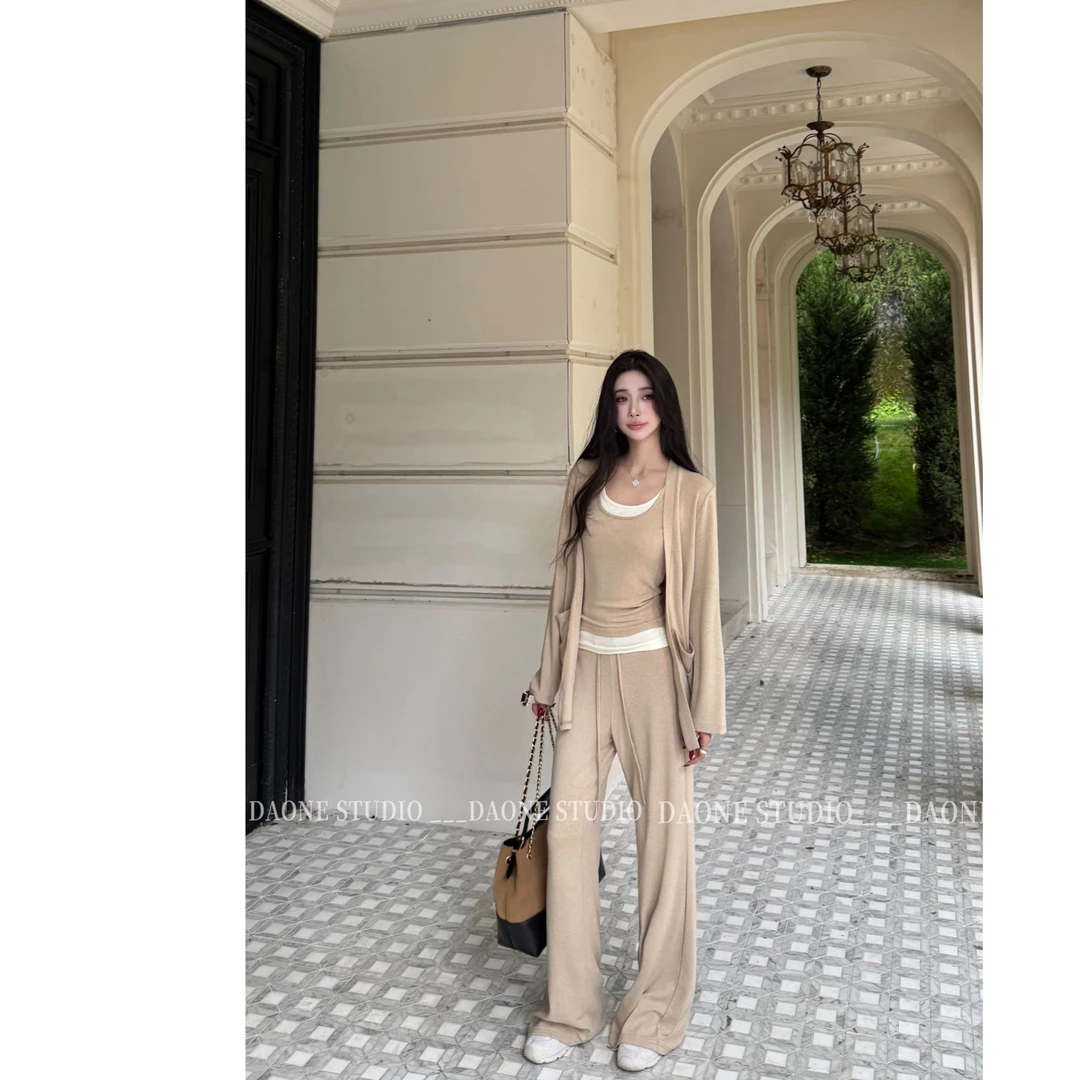 DAONE【日常慵懒】 秋冬休闲开衫假两件背心垂垂直筒阔腿裤三件套