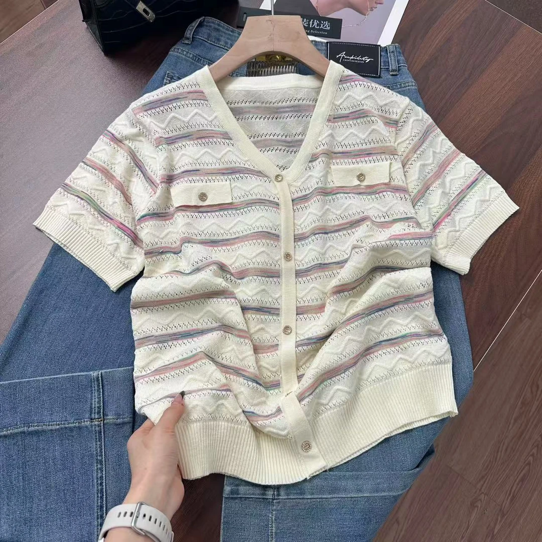 小香风设计~超显气质焕彩条纹钩花！凉快清透正肩针织衫Y7483紫