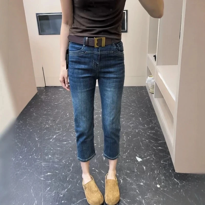 丹宁风蓝色弹力直筒牛仔裤女2025秋季新款大码高腰显瘦八分烟管裤