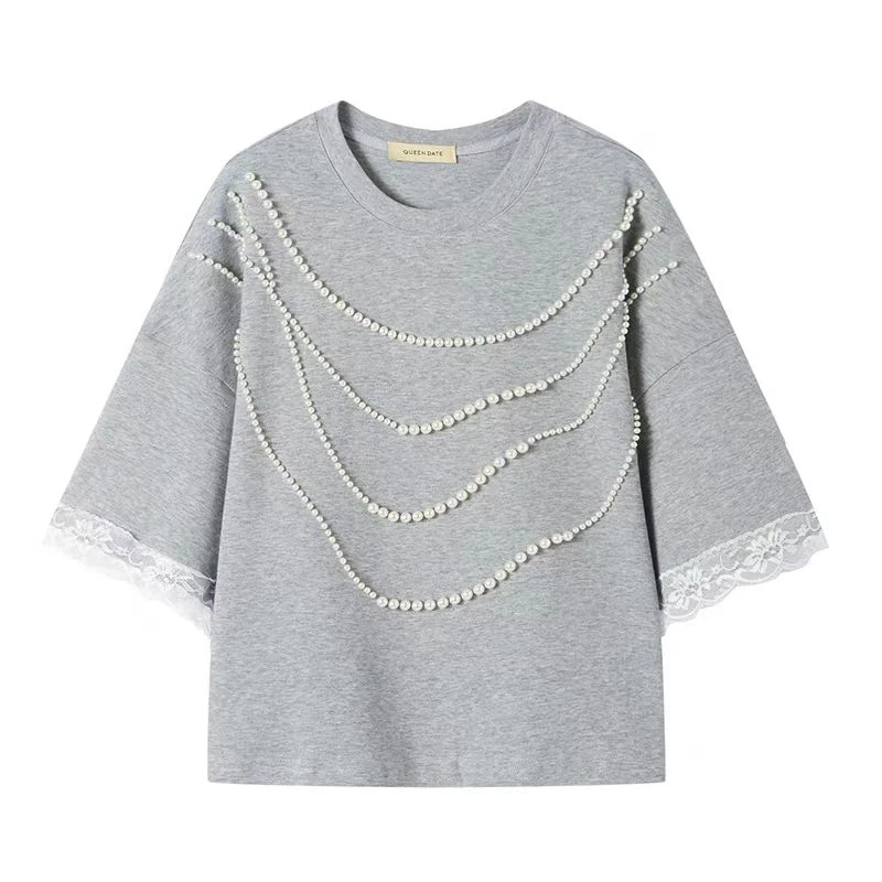 Queen Date宽松圆领珍珠蕾丝边短袖女25春夏新款