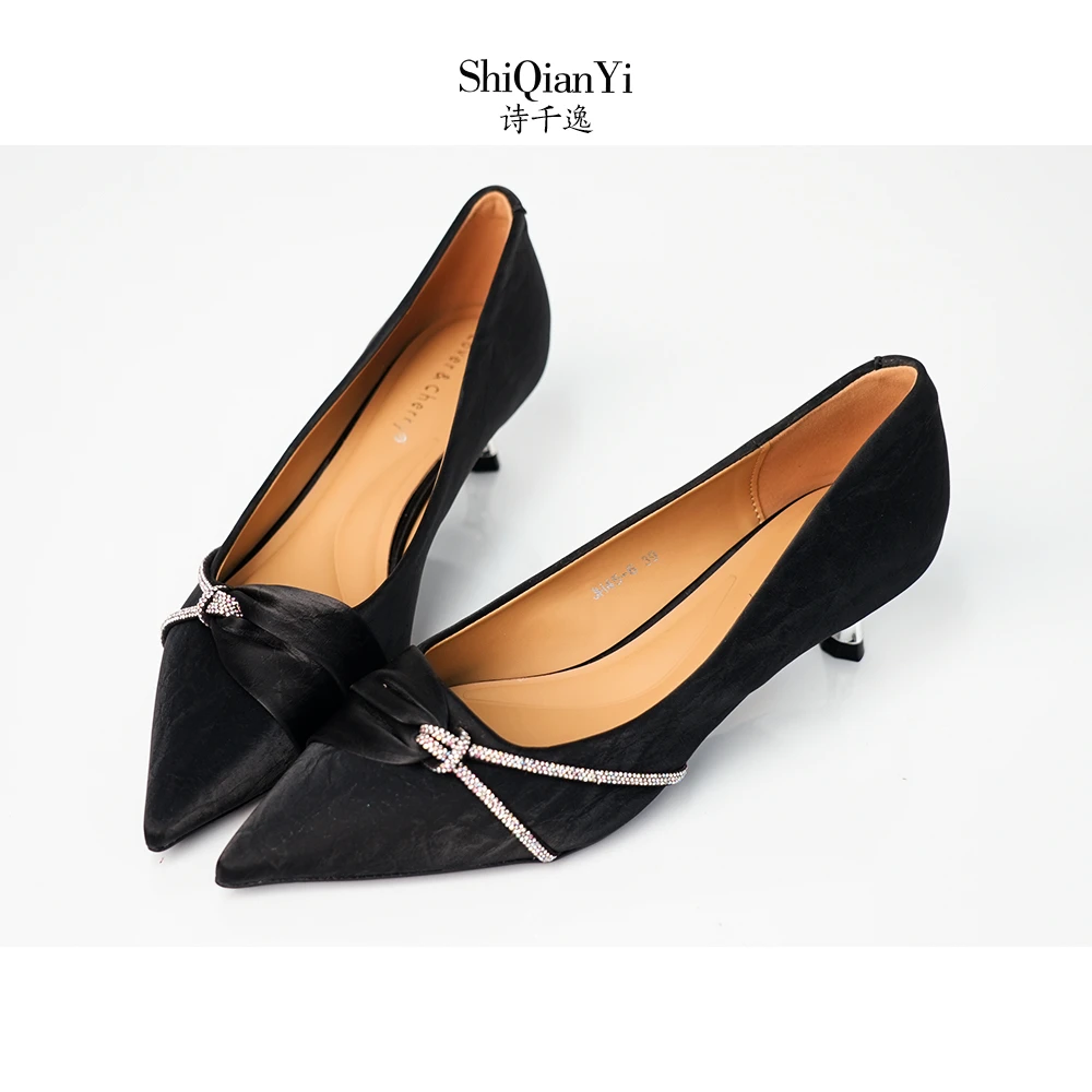 2025年新款尖头镶钻舒适百搭黑色时尚气质职业A1531浅口高跟鞋