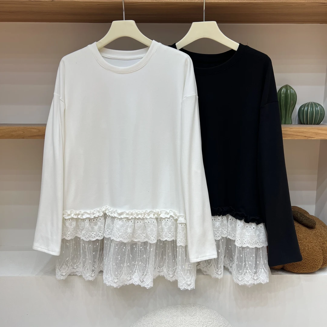 【OVERSIZE LIN】冬季新品拼接蕾丝边百搭甜美气质正肩磨毛长袖打底