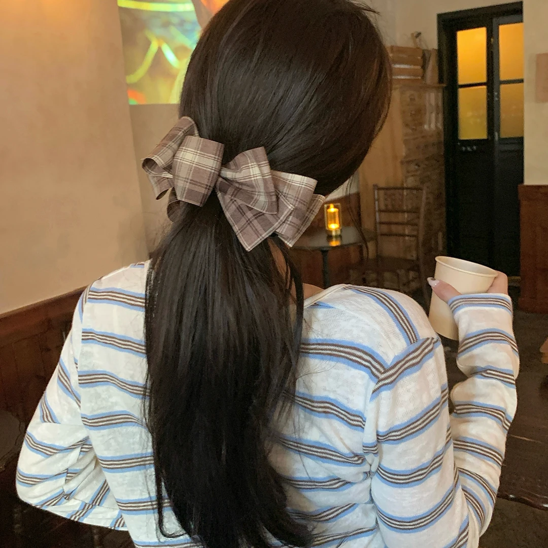 复古法式格纹蝴蝶结竖夹扭扭马尾夹半扎显发量香蕉夹后脑勺发卡女