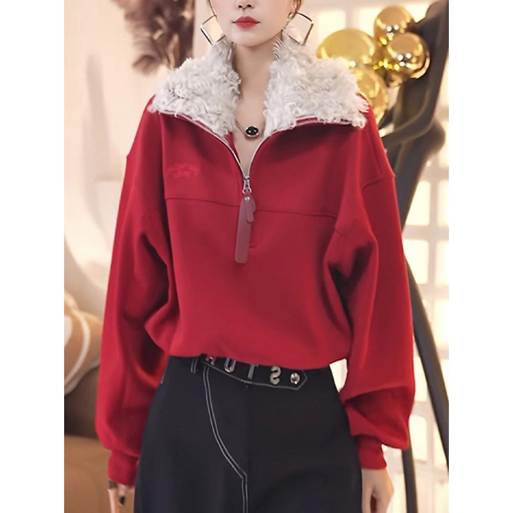 红色加绒加厚卫衣女2025秋冬新款时尚洋气减龄显瘦半拉链毛领上衣