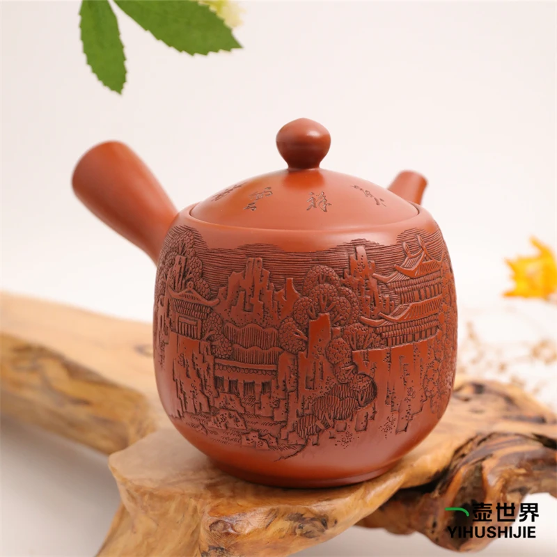 常滑烧纯手工日式紫砂侧把陶茶壶 壶堂作 雪堂雕 朱泥山水雕360ml