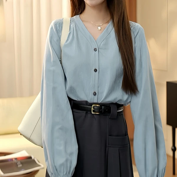 清【港万】简约纯色通勤百搭V领衬衫Y4095