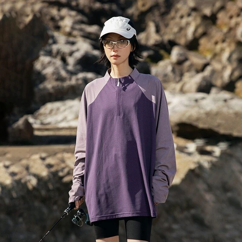 2025年春新款休闲长袖户外山系内搭速干T透气防晒男女情侣款立领T