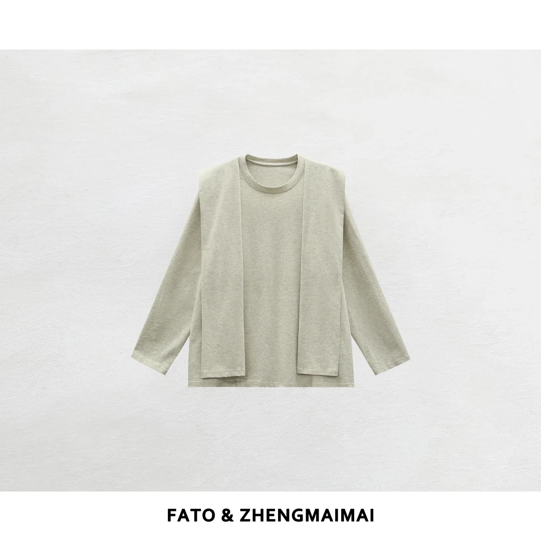 【郑买买】假两件T恤 知性风休闲圆领慵懒文艺披肩T恤女 YZ50724S2