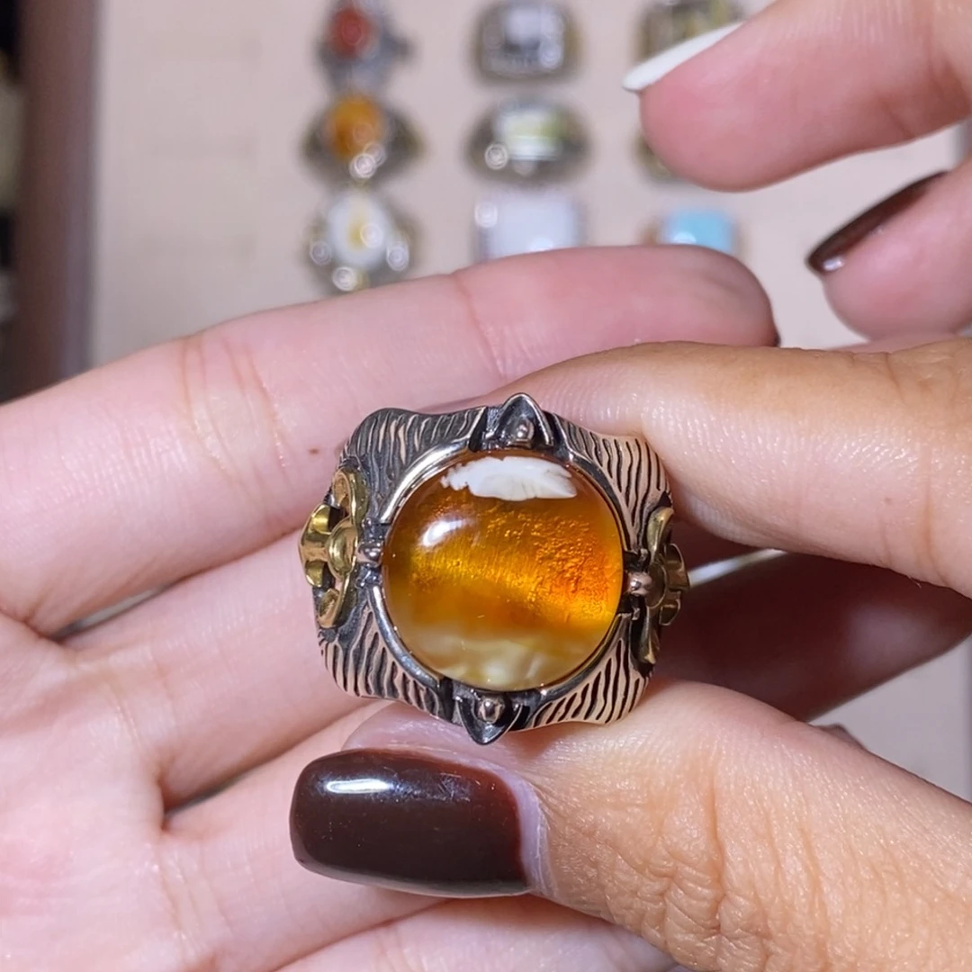 蜜蜡戒指银S925镶嵌戒指