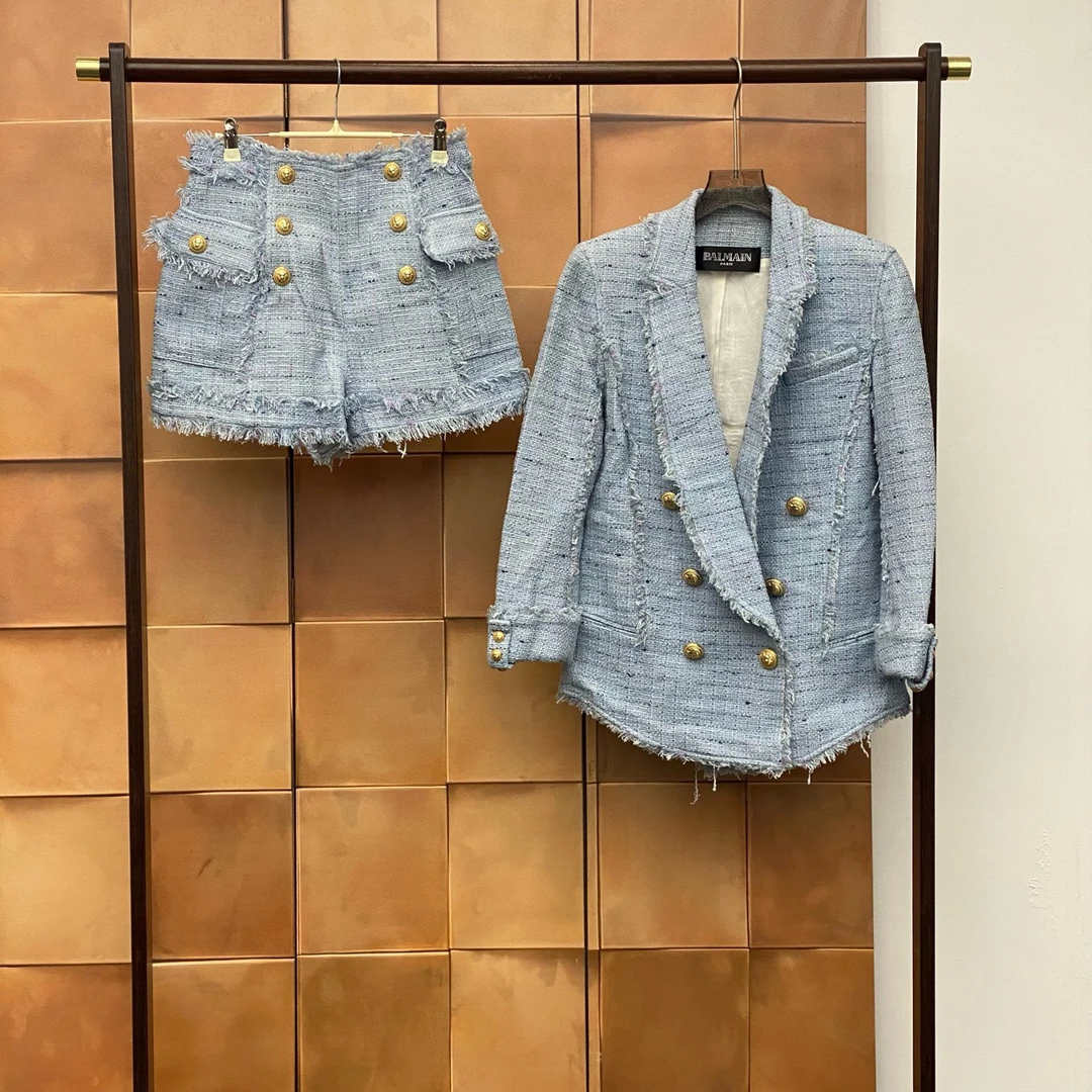 Balmain雾霾蓝编织粗花流苏金扣外套/38码/99新/30034