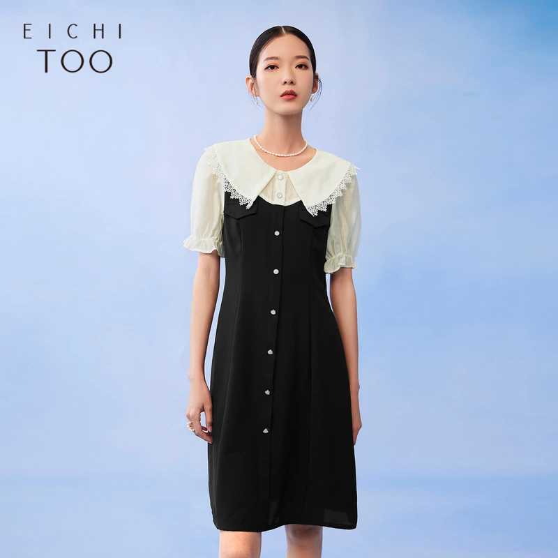 A爱居兔夏女装蕾丝花边翻领花瓣袖显瘦短袖连衣裙EQLBJ2M712A