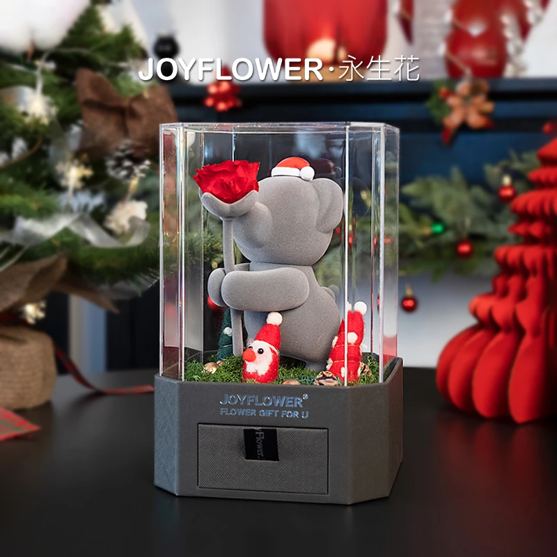 JoyFlower小熊憨憨真玫瑰永生花束礼盒圣诞节礼物生日表白送女友
