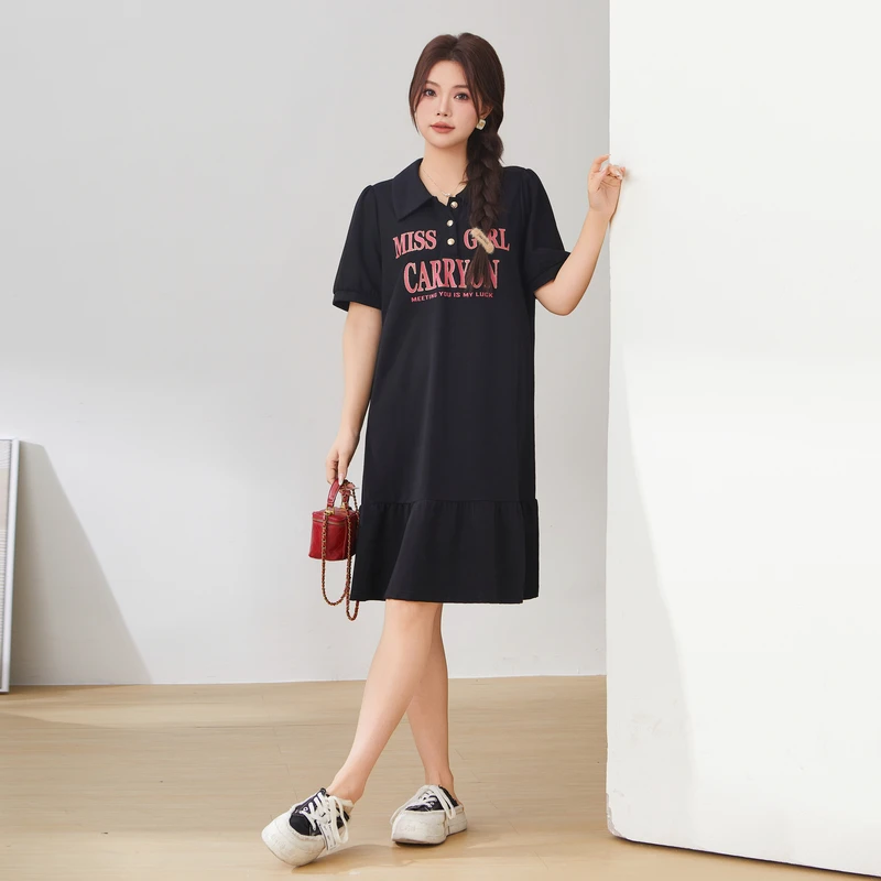 采多宝大码女装印字母学院风POLO领针织连衣裙 EXQ3033