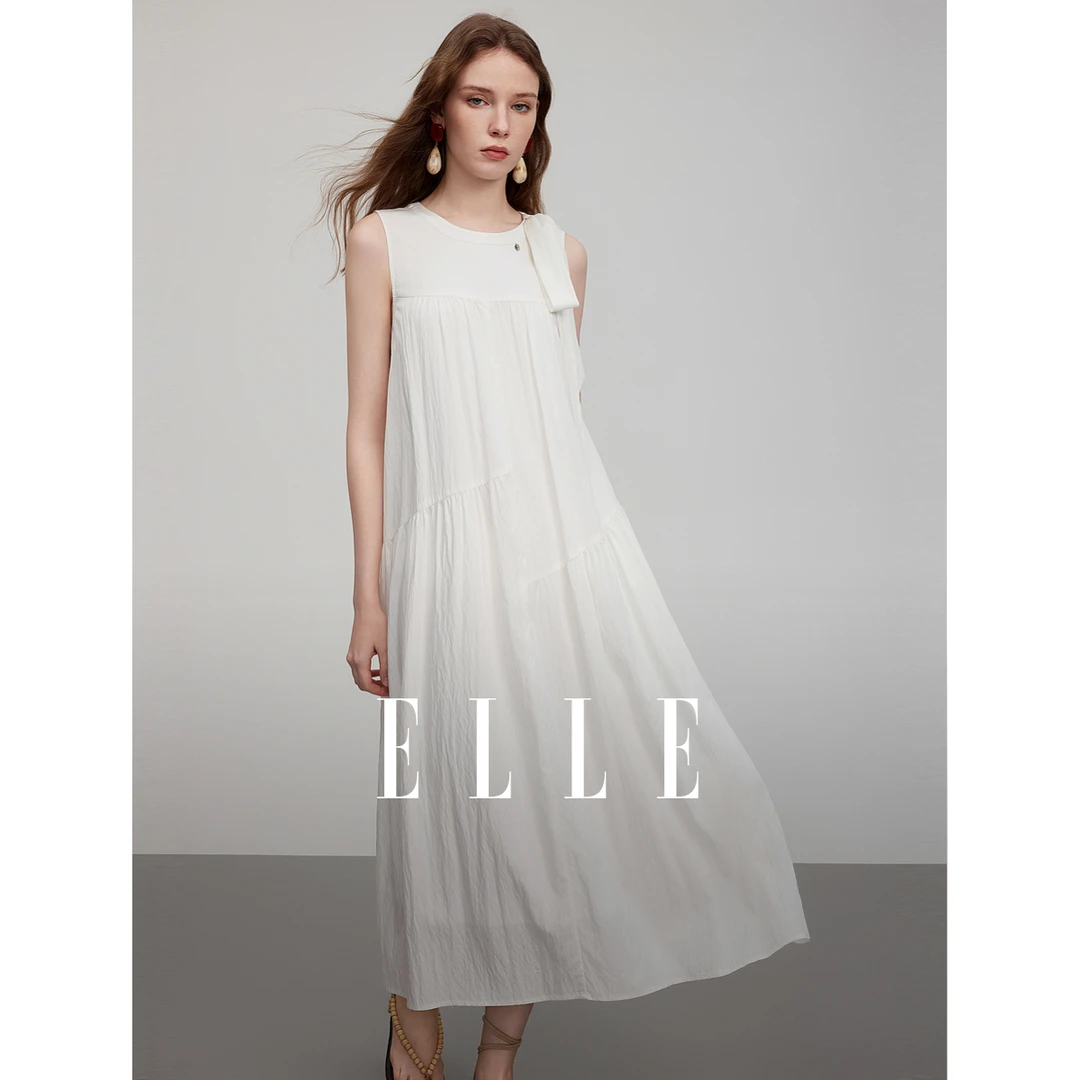 ELLE法式优雅无袖圆领连衣裙女2025夏季新款设计感长裙子EL51238