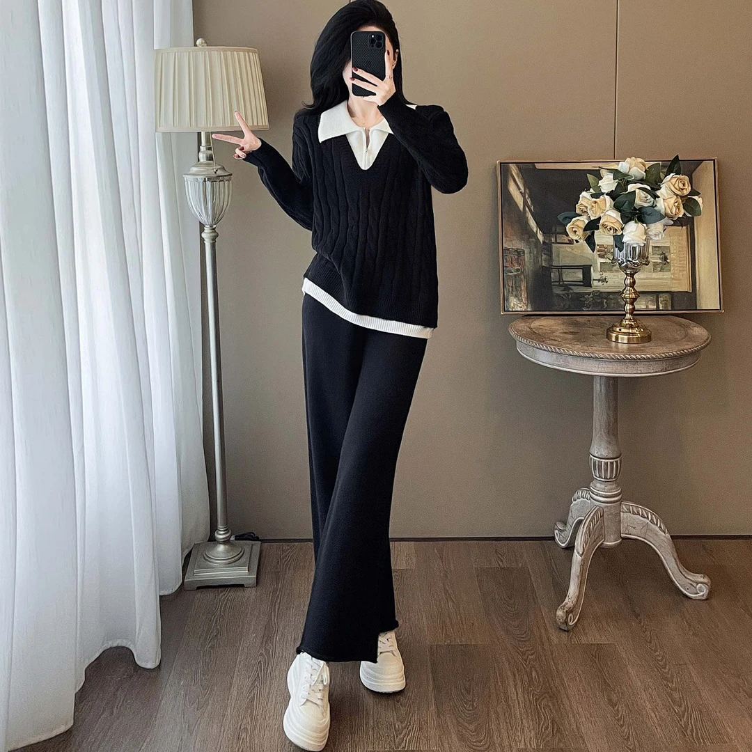 欧货轻奢高级感休闲阔腿裤两件套秋冬新款假两件翻领麻花毛衣套装