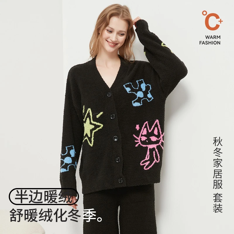 黑色涂鸦睡衣长袖保暖冬季家居服套装半边绒可外穿休闲女士秋冬
