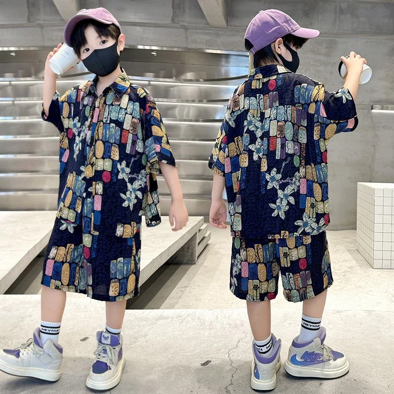 男童衬衫短袖套装2025夏季儿童时尚潮酷男孩花衬衫港风洋气两件套