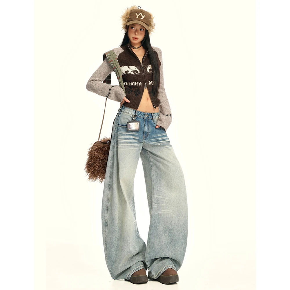 美式复古水洗做旧低腰牛仔裤女设计感休闲宽松直筒阔腿弯刀裤子潮