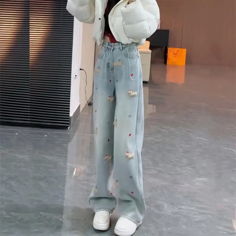 百搭休闲腊肠狗刺绣直筒牛仔裤女大码夏季新款高腰显瘦窄版阔腿裤