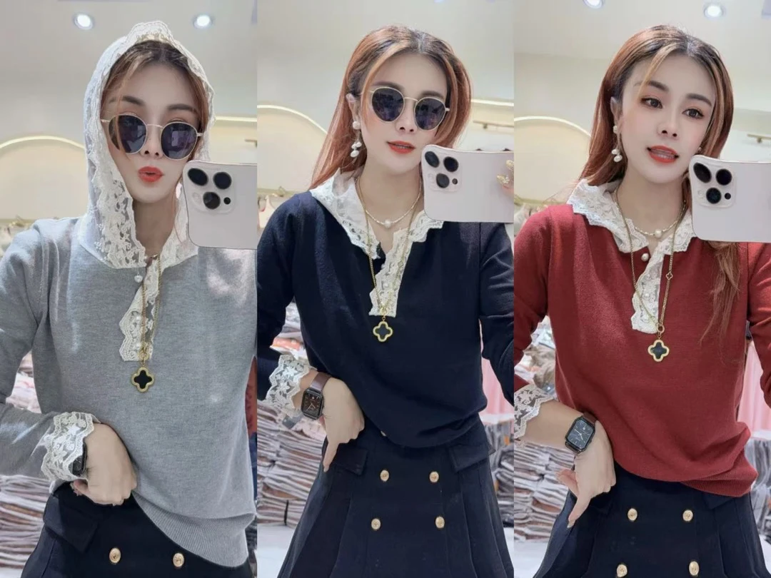 新款带帽蕾丝显瘦针织上衣2990