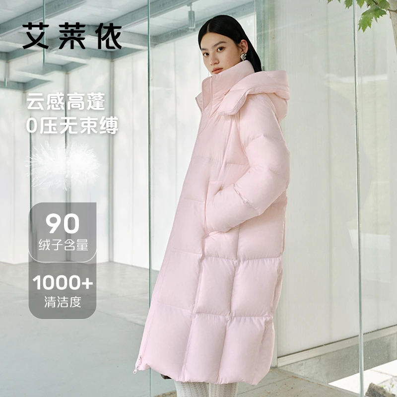 d-艾莱依羽绒服中长款保暖冬季连帽休闲女士加厚秋冬云感1033
