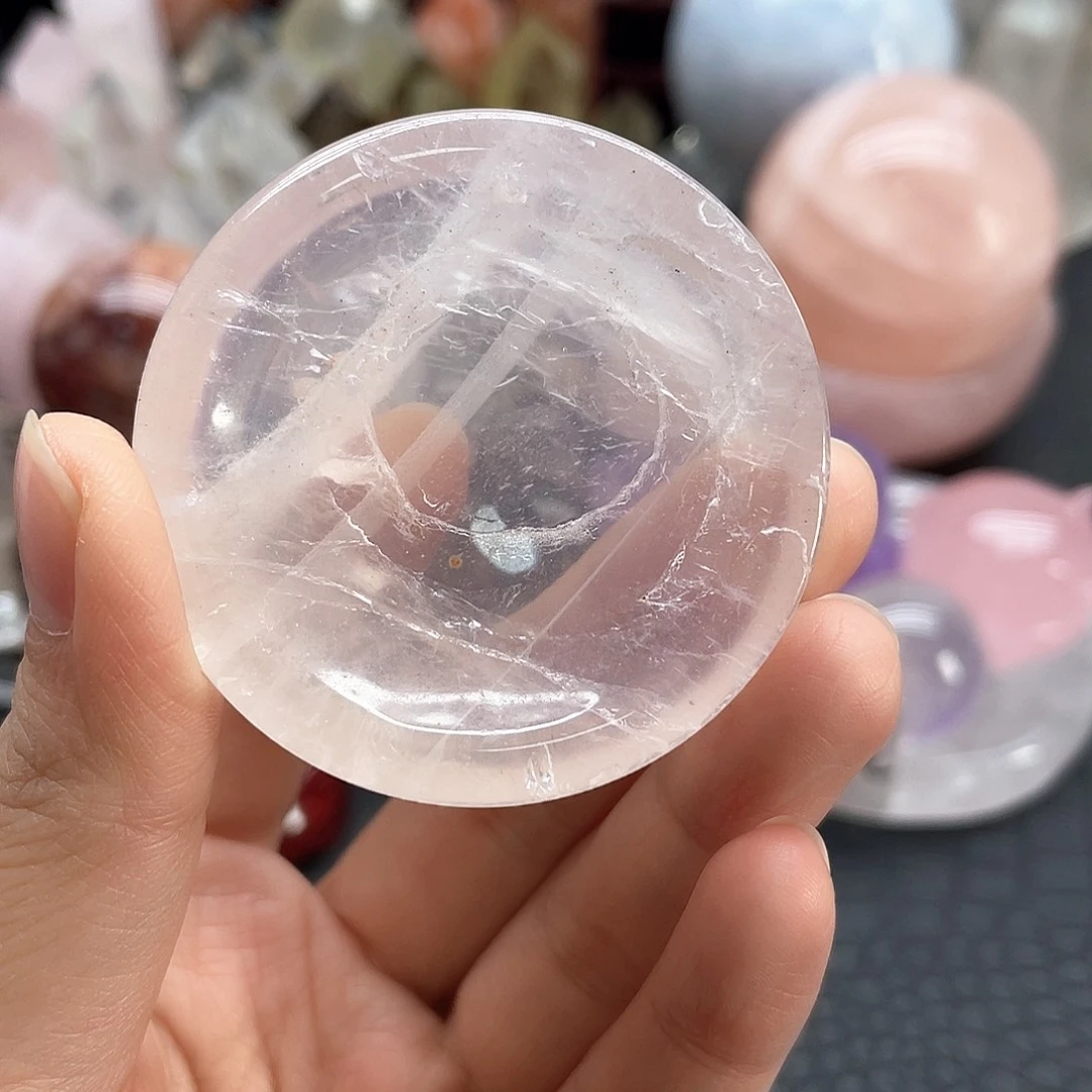 水晶未镶嵌珠宝半成品97粉晶盘底座微瑕放漏
