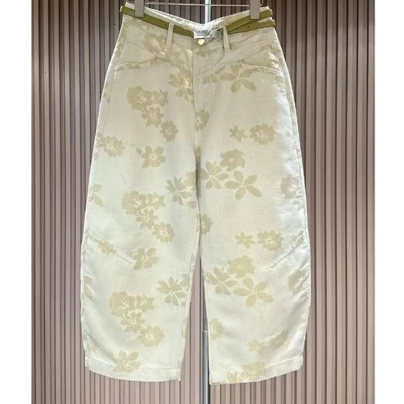 2025秋冬爆款大码女装轻奢提花阔腿牛仔裤梨形身材宽松显瘦八分裤