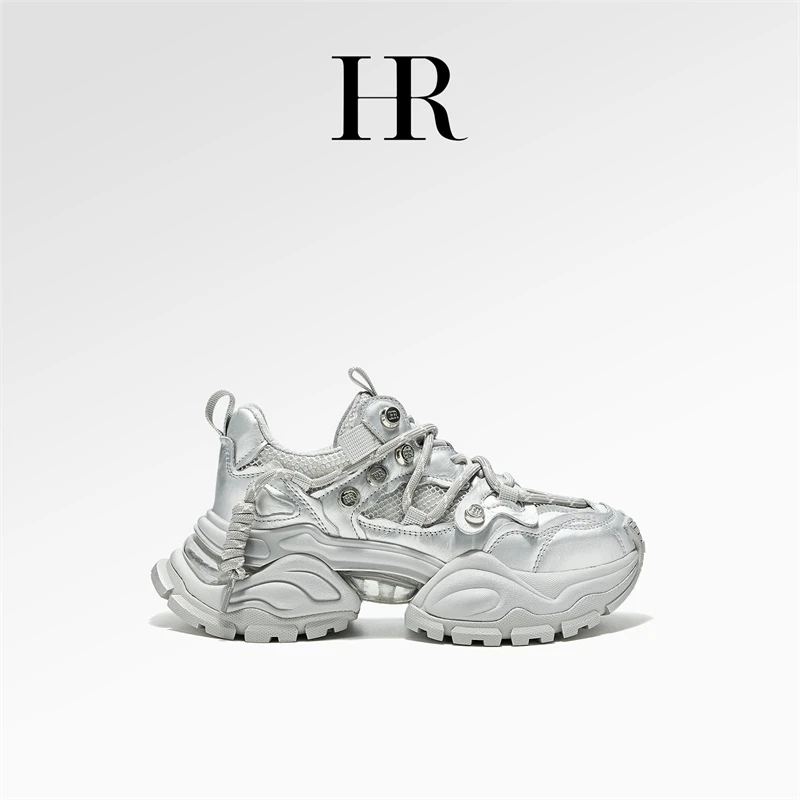 HR/赫莲娜【月光如水】2025秋季新款厚底银色老爹鞋休闲透气运动鞋