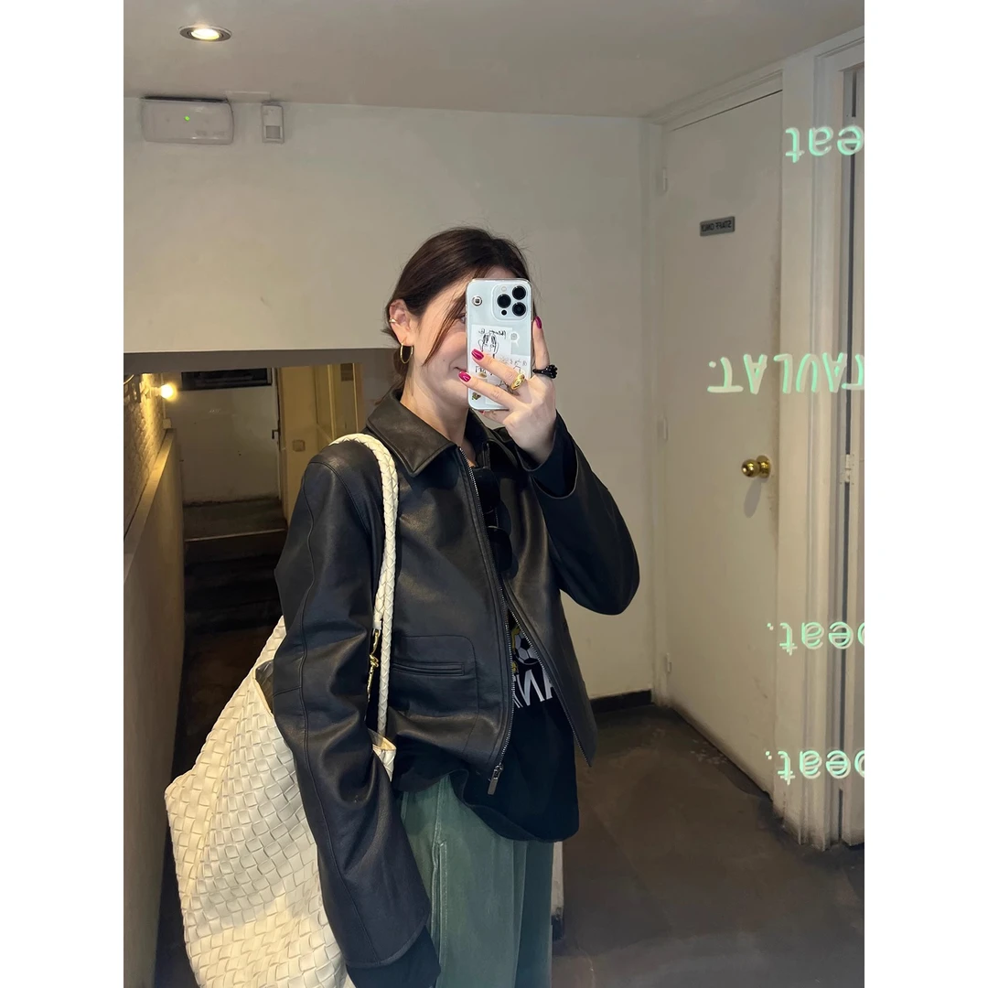 美式街头风复古短款皮衣外套女春秋季新款正肩拉链开衫皮夹克上衣