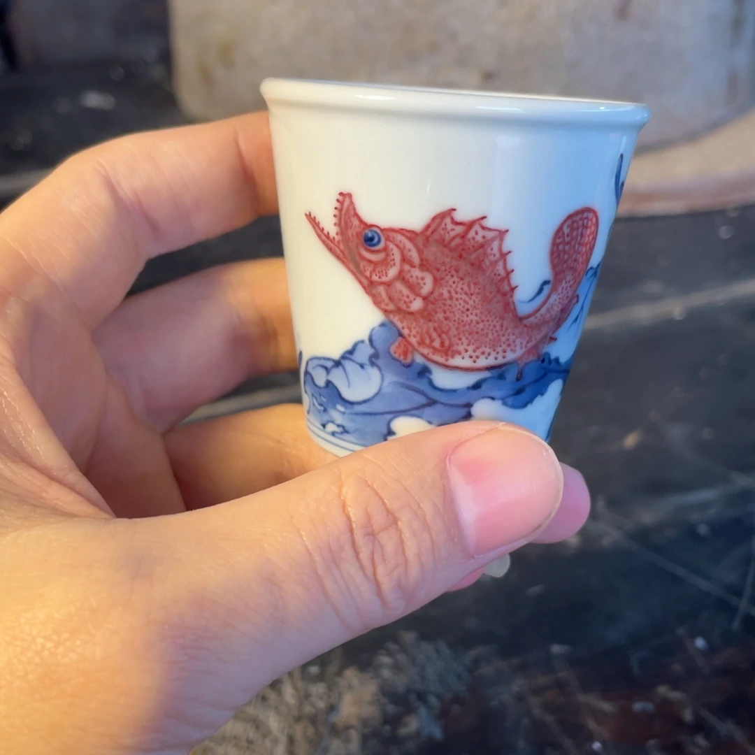 冉***二青花釉里红压手杯