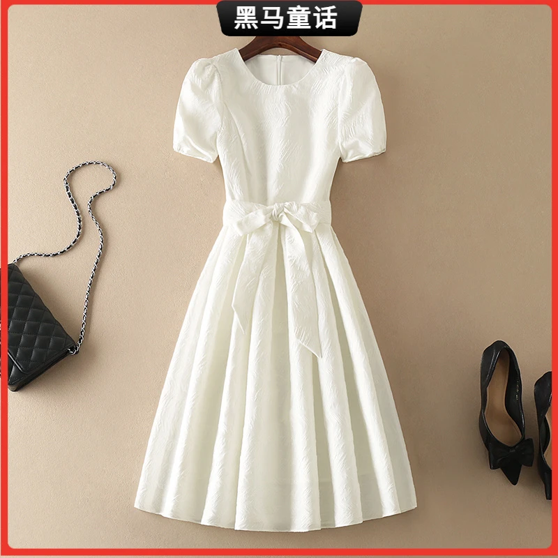 1时尚小众气质显高女装小白裙感法式白色简约圆领收腰连衣I