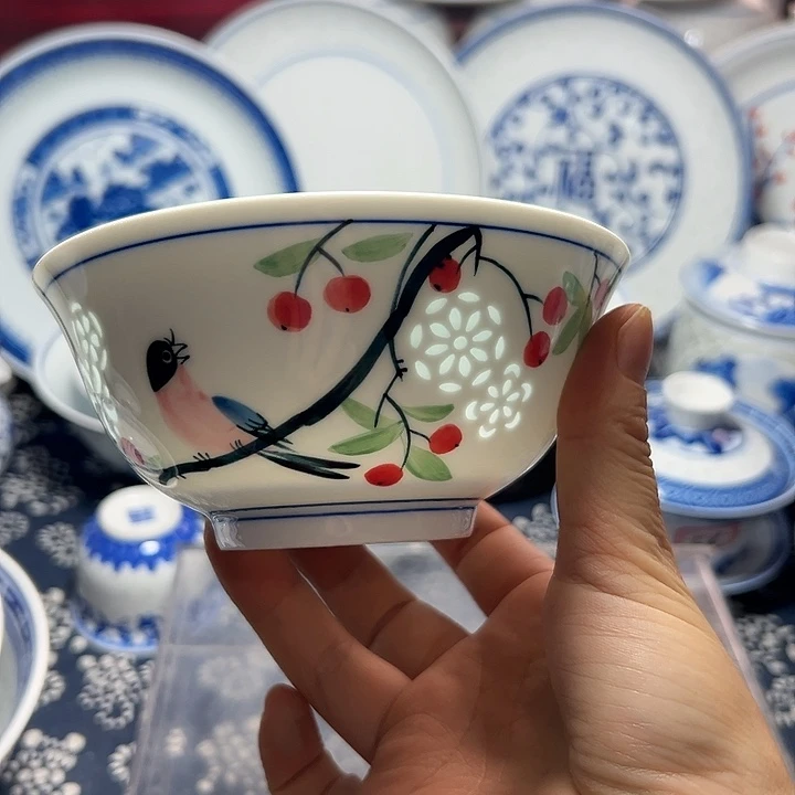 手绘5寸的花鸟饭碗