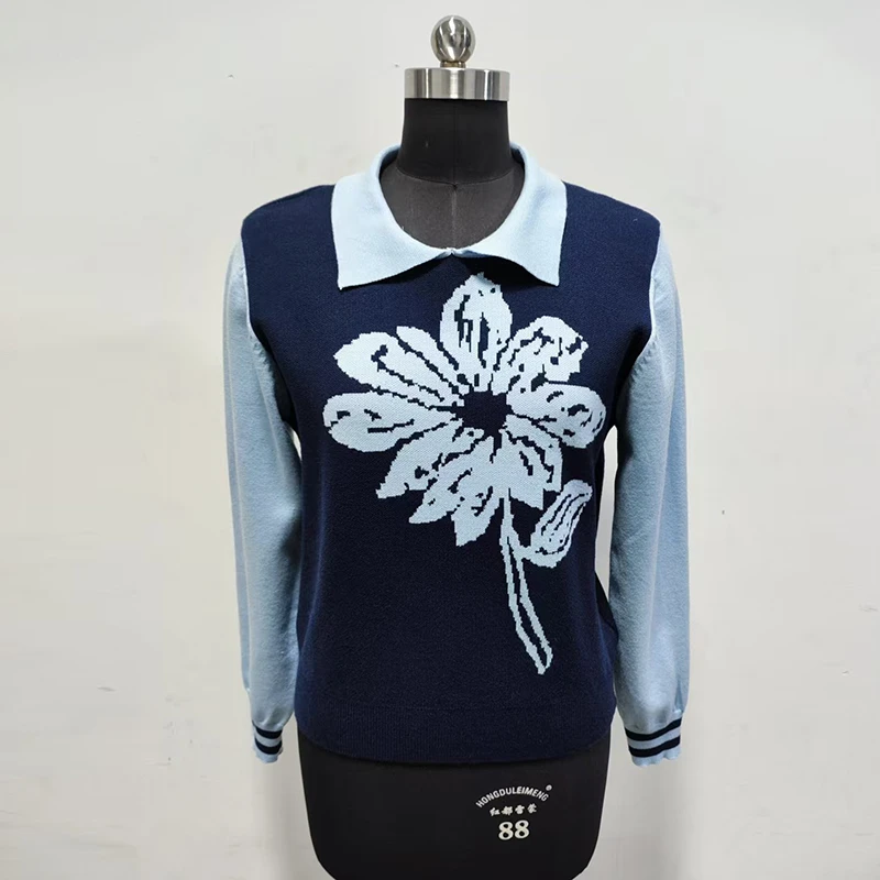 春季长袖短款毛针织衫拼接时尚绣花绿色衫镂空秋季eq0lf119-sw