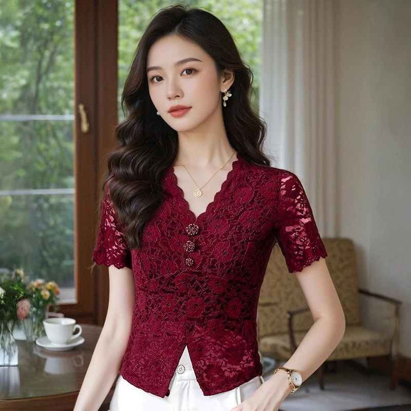 高档法式复古蕾丝打底衫内搭外穿短袖T恤女2025夏季新款洋气小衫