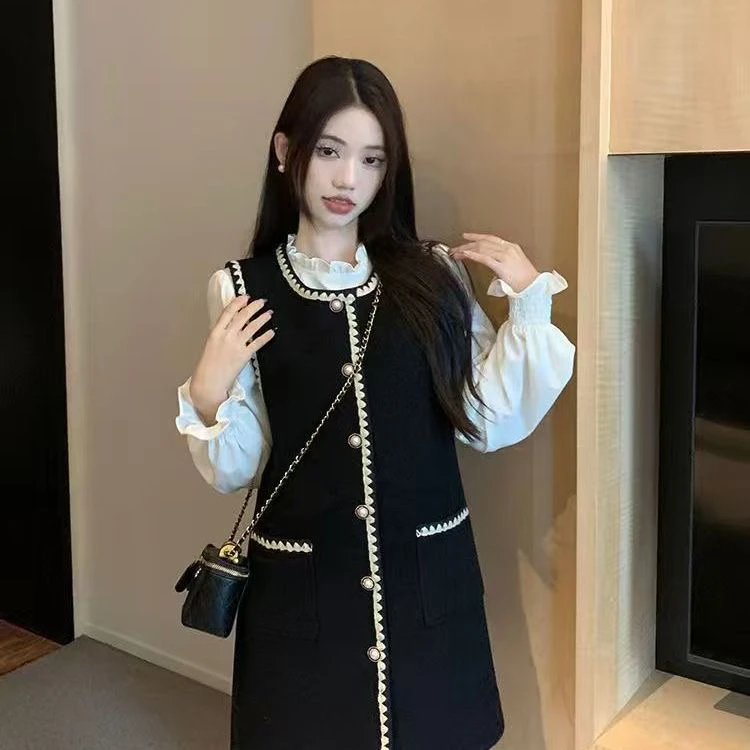 赫本风背心连衣裙女春季法式小香风马甲外套小个子显瘦叠穿两件装