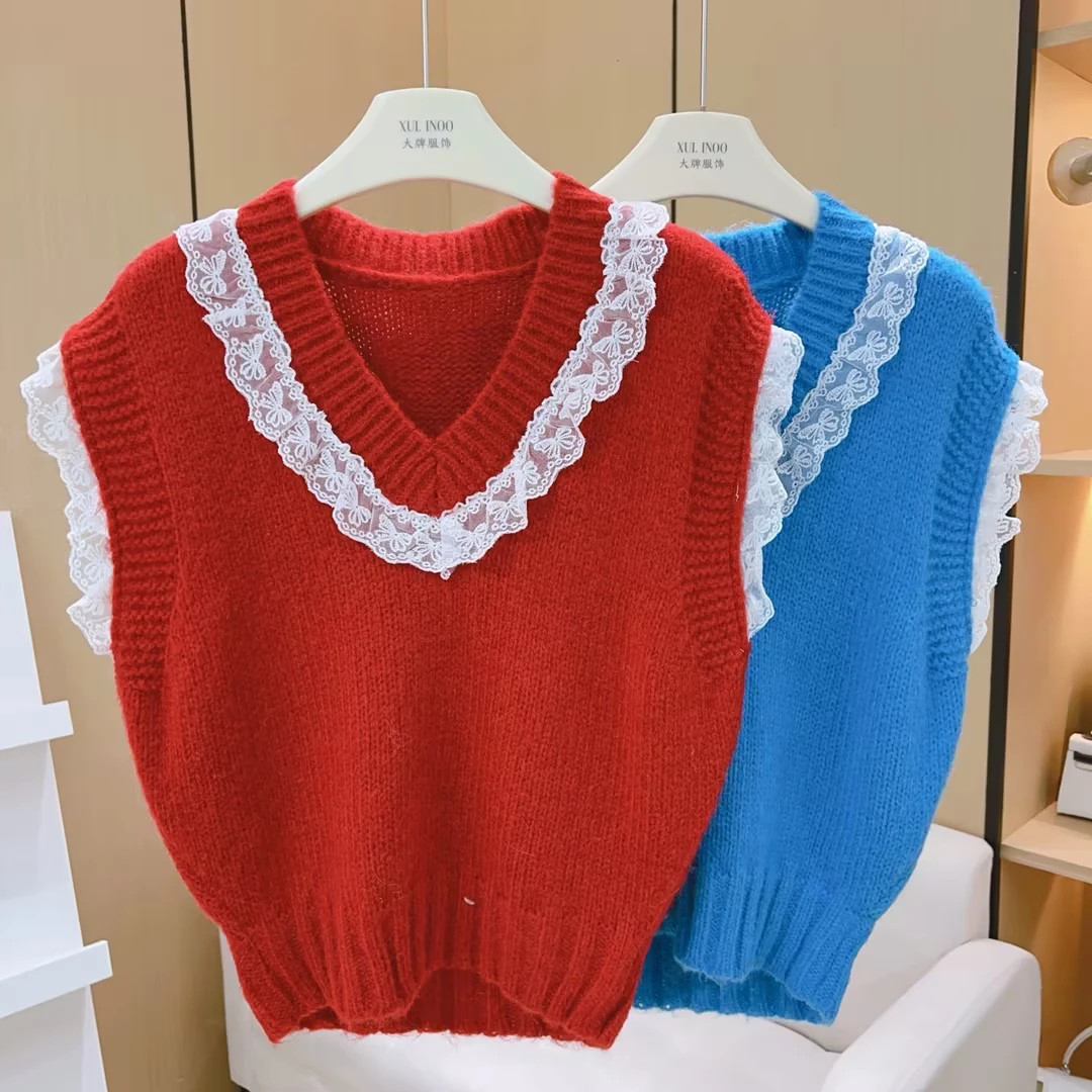 丨秋冬新款韩系蕾丝拼接V领外穿马甲叠穿时尚针织衫 6021